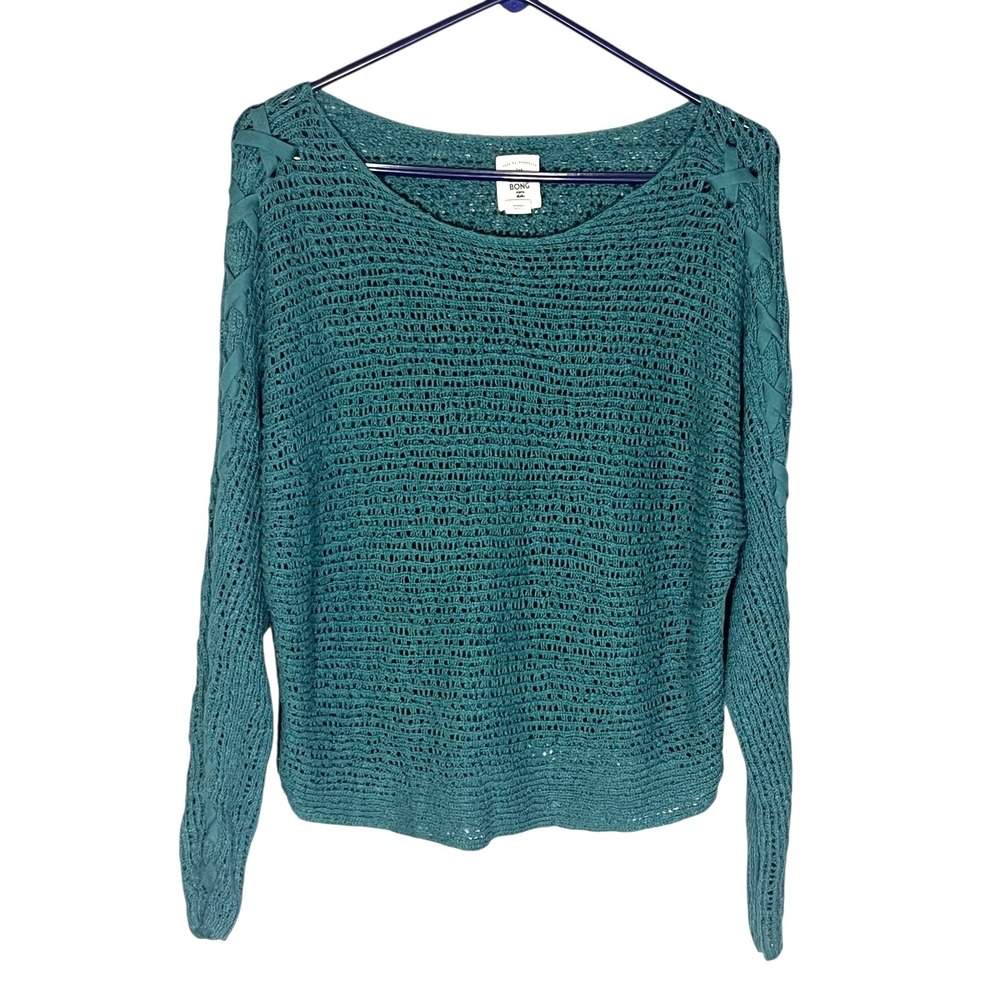 Billabong Women's Open Knit Sweater Teal Oversized Cropped Small Long Sleeve